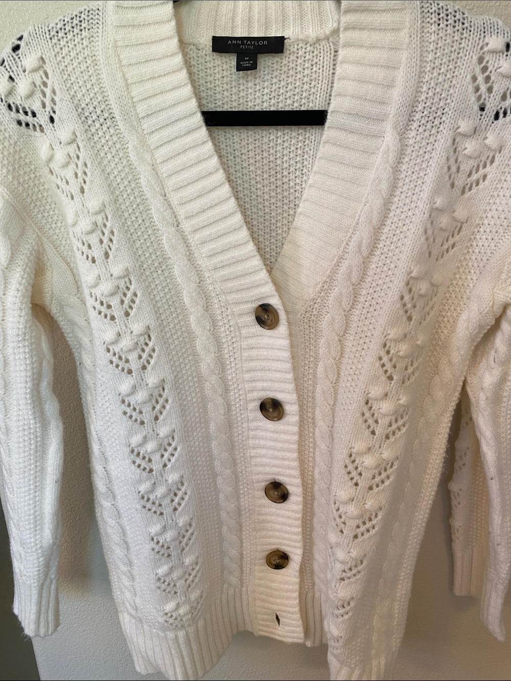 Ann Taylor Ivory Openwork Cable Cardigan with Wood-Tone Buttons